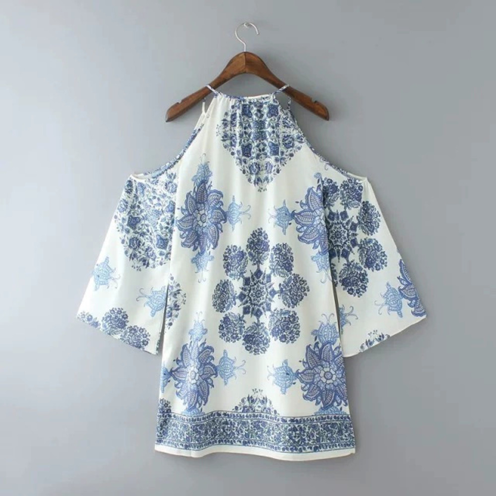 ZARA Blue White Porcelain Print Retro Off Shoulder Flared Dress